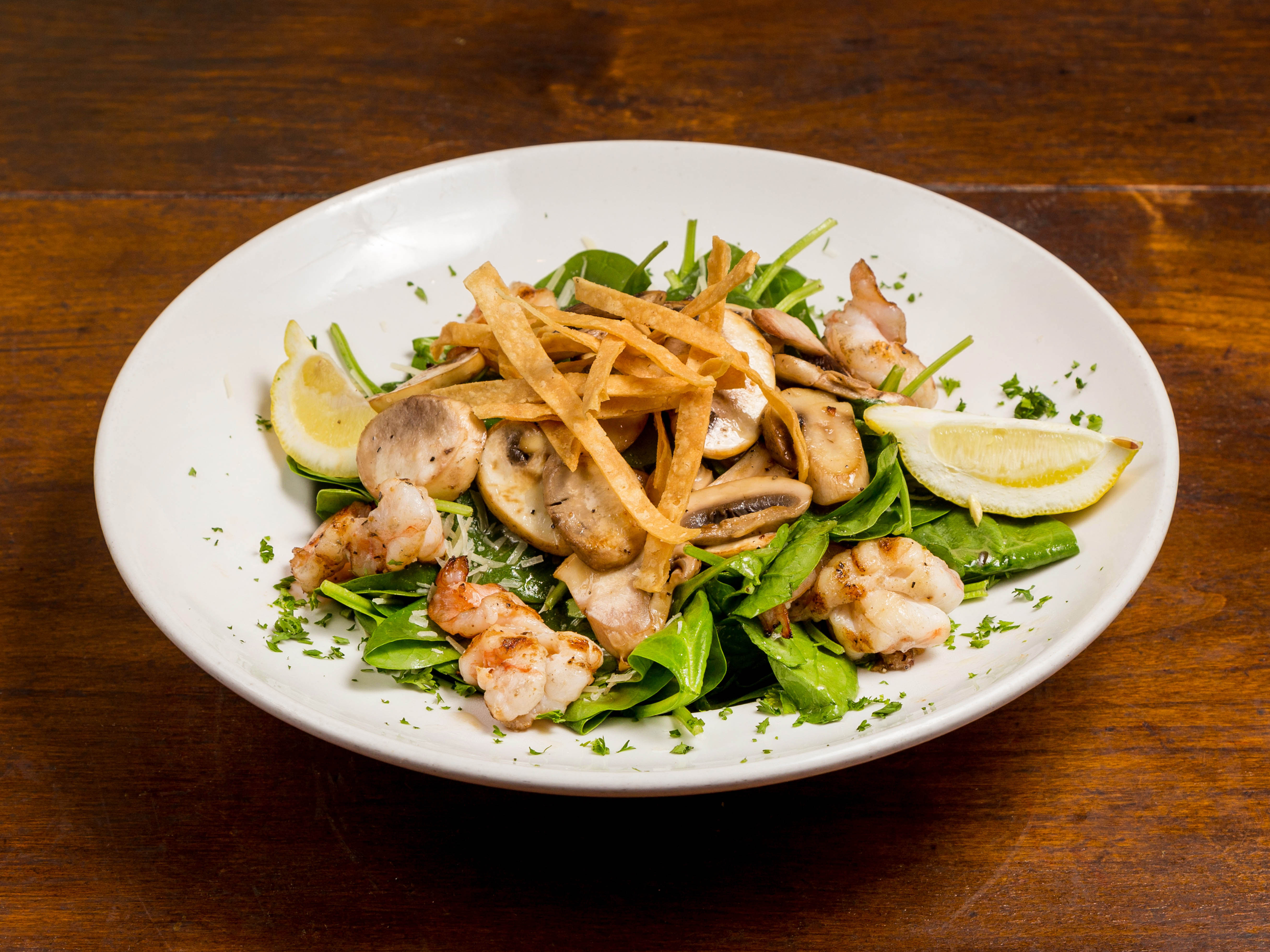 Order Fresh Spinach Salad with Grilled Mexican Shrimp and Mushrooms Salad food online from HiFalutin Rapid Fire Western Grill store, Tucson on bringmethat.com