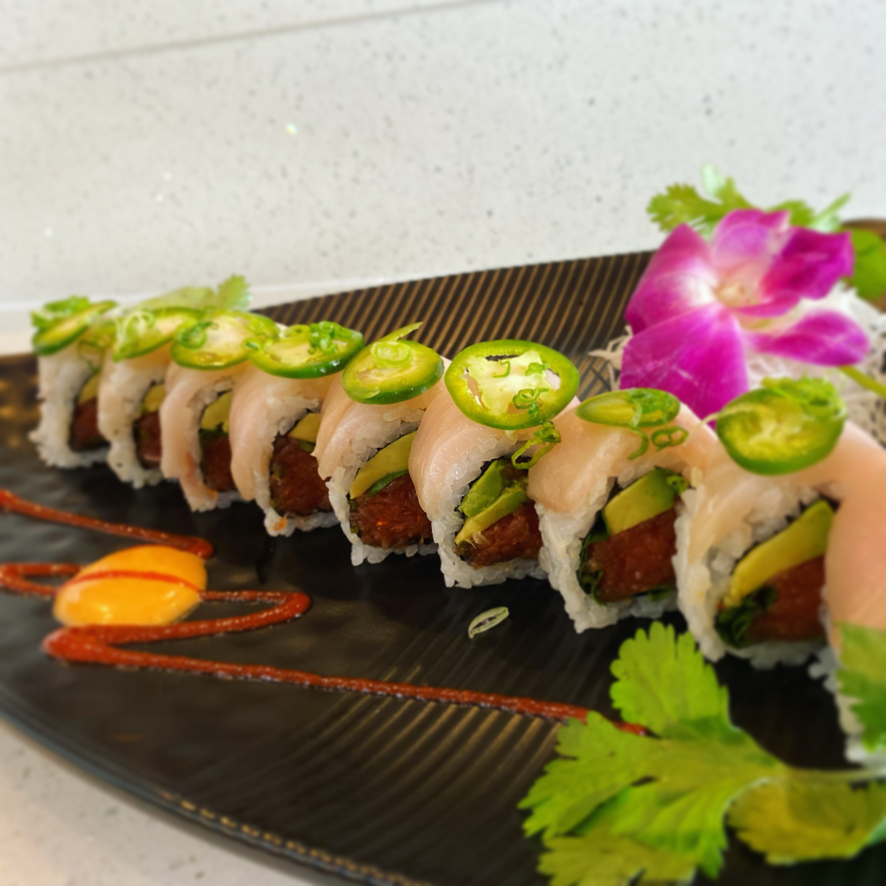 Order Yellowtail Delight Roll food online from Sushi Ka store, Wildomar on bringmethat.com