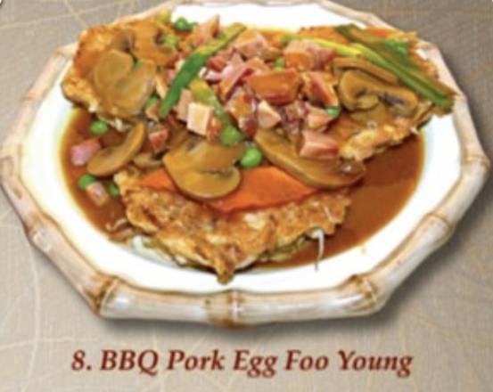 Order BBQ Pork Egg Foo Young with Mushroom Gravy food online from Rice Bowl store, Bakersfield on bringmethat.com