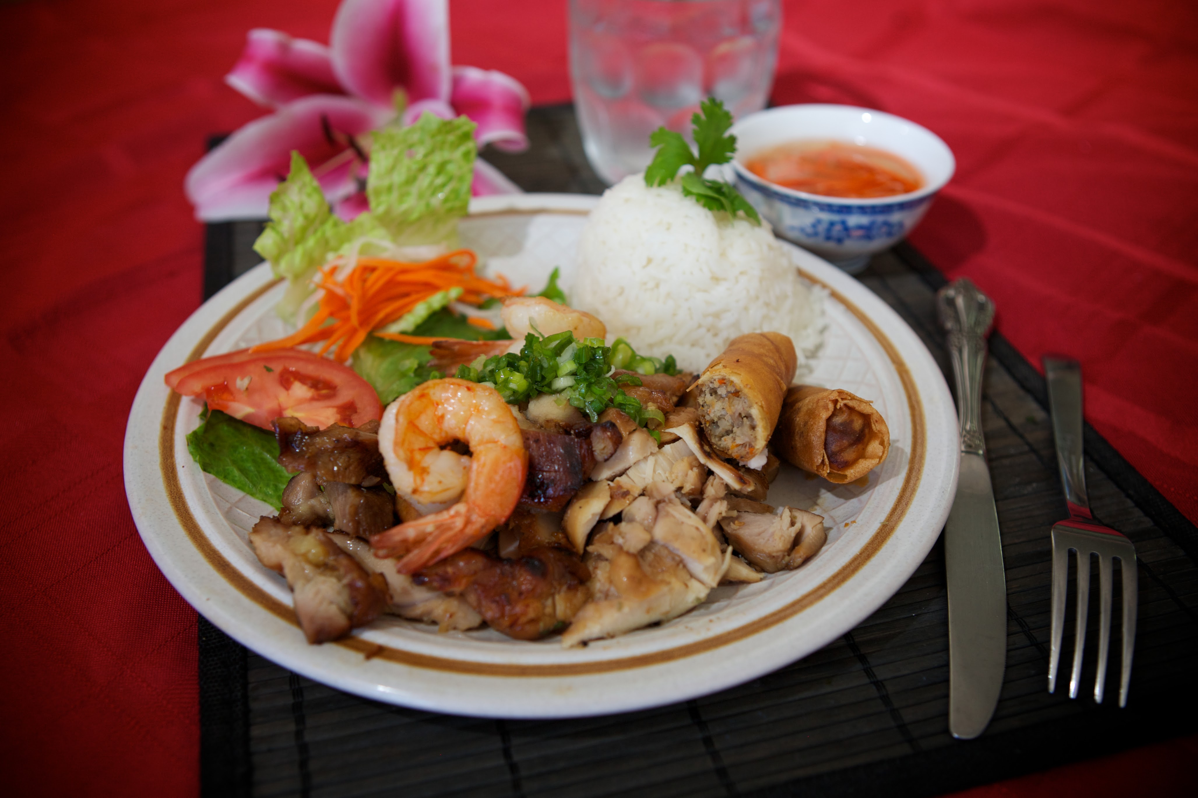 Order 47. Grilled Chicken, Shrimp and Egg Roll Plate food online from Le Paradis store, hayward on bringmethat.com