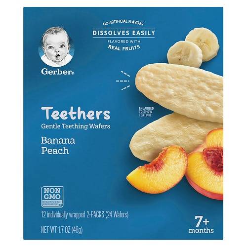 Order Gerber Snacks for Baby Gentle Teething Wafers Banana Peach - 0.14 oz x 12 pack food online from Walgreens store, Virginia Beach on bringmethat.com