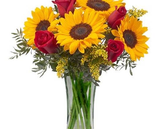 Order Sunflower ＆ Roses arranged in a vase food online from 800 Rose Big Florist Gifts & Desserts store, Newport Beach on bringmethat.com