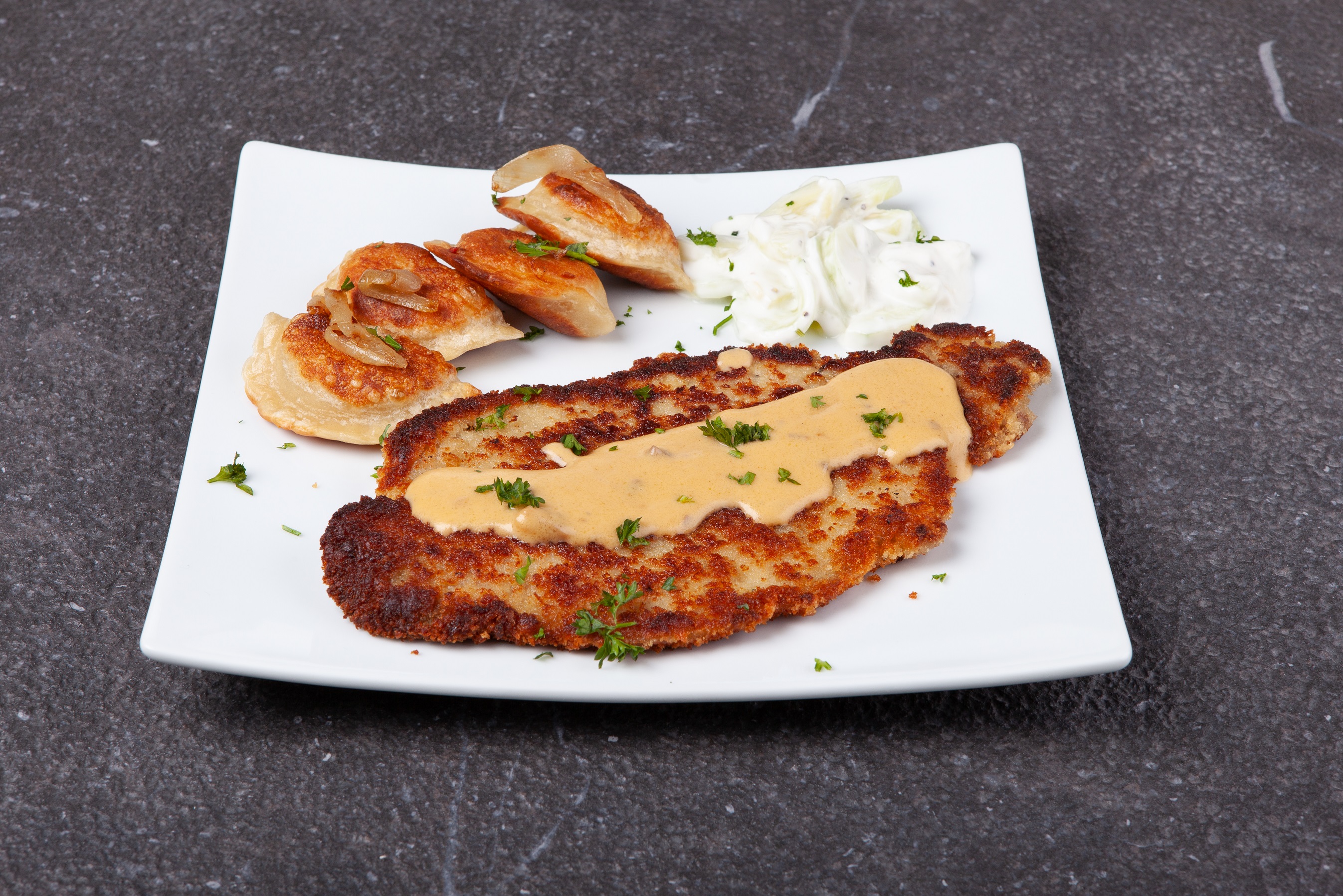 Order Schnitzel with 5 Pierogies food online from Mac & Cheezary store, Littleton on bringmethat.com