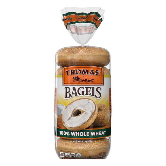 Order Thomas' · Pre-Sliced Whole Wheat Bagels (6 bagels) food online from United Supermarkets store, Plainview on bringmethat.com
