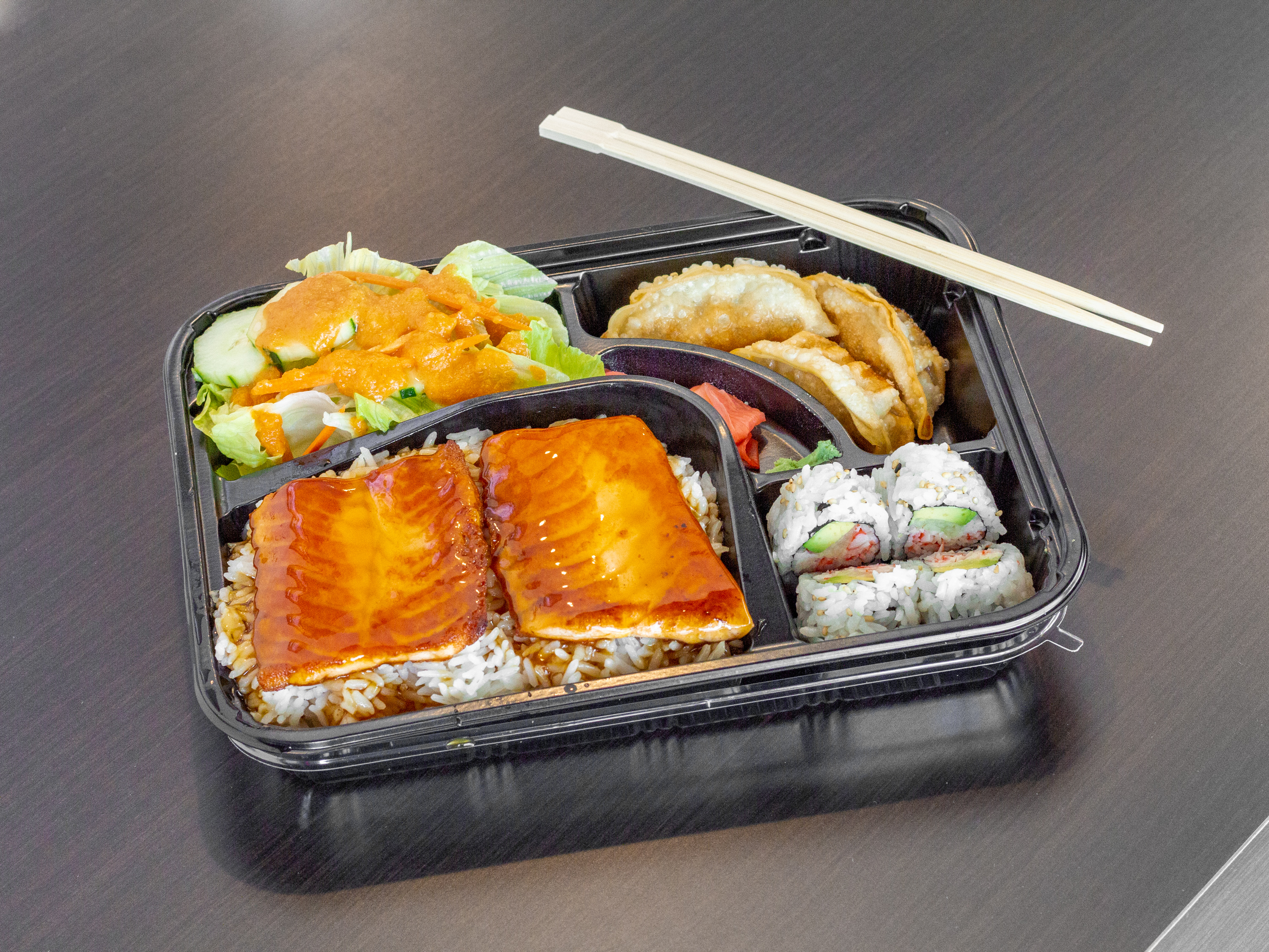 Order 4. Salmon Bento food online from Honoka Teriyaki Express store, Virginia Beach on bringmethat.com