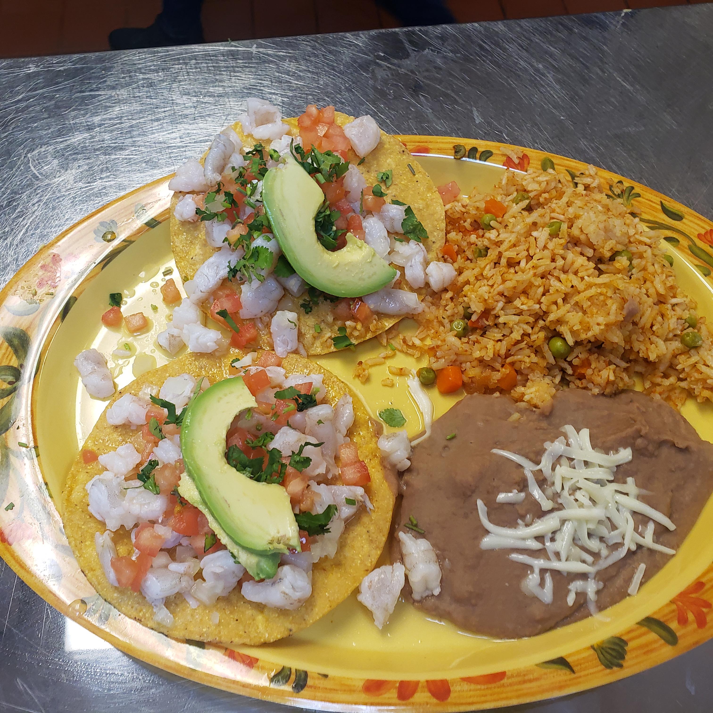 Order 2 Tostadas shrimp Ceviche Platter food online from Tony Tacos Downtown store, Bloomington on bringmethat.com