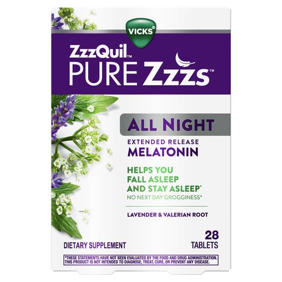 Order ZzzQuil PURE Zzzs ALL NIGHT Extended Release Melatonin Sleep Aid Tablets 2 mg Lavender & Valerian Root (28 ct) food online from Rite Aid store, Wilmington on bringmethat.com