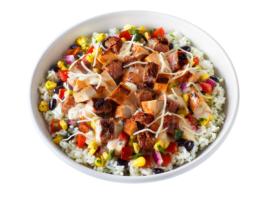 Order NEW Steak & Chicken Protein Bowl food online from Qdoba Mexican Eats store, Roseville on bringmethat.com