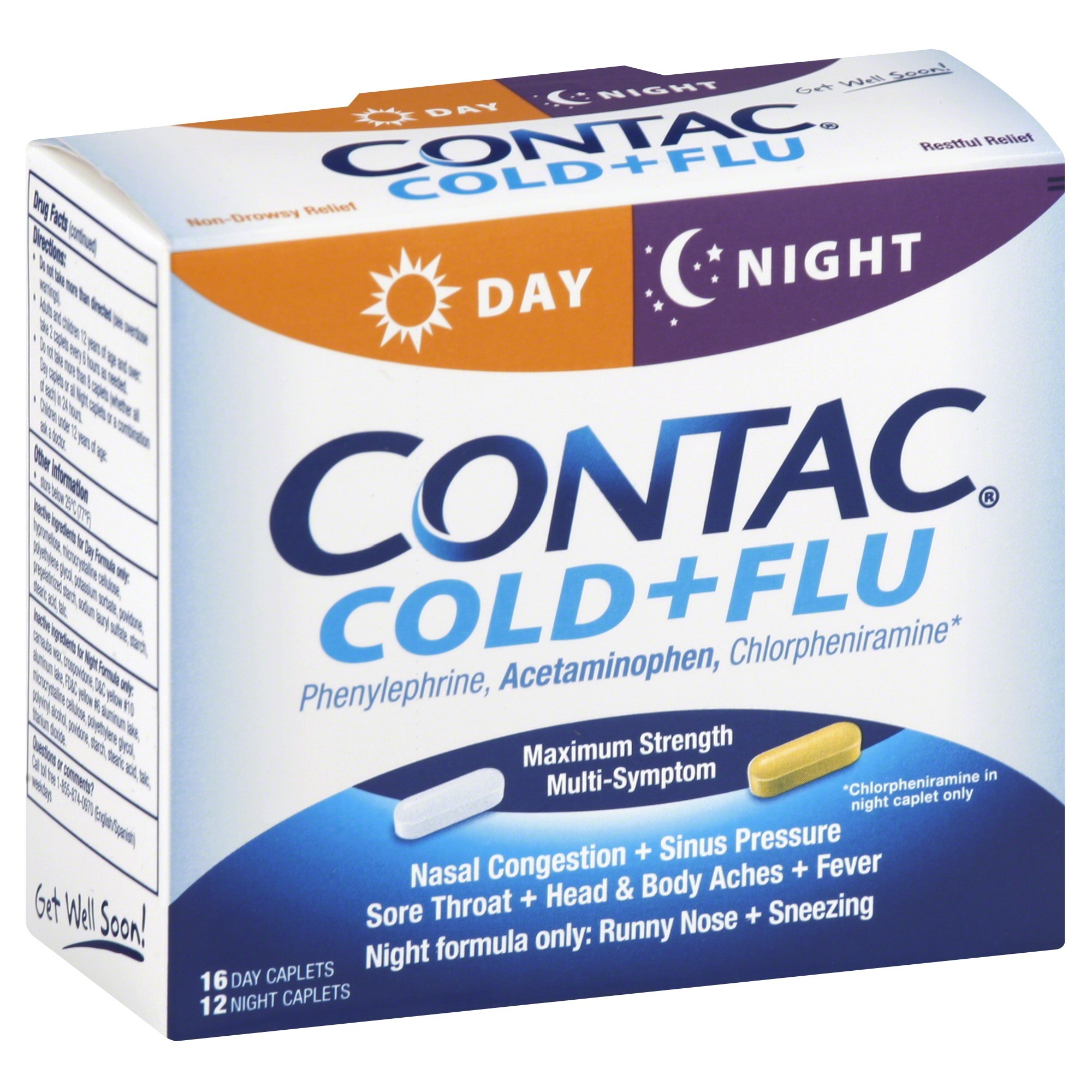 Order Contac Day & Night Multi-Symptom Cold + Flu Caplets, Maximum Strength - 28 ct food online from Rite Aid store, Chino Hills on bringmethat.com