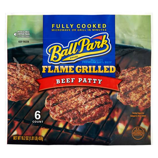 Order Ball Park Frozen Flamed Grilled Original Beef Patties 6ct 16.2oz food online from Drinks At Your Door by Gopuff store, Santa Maria on bringmethat.com