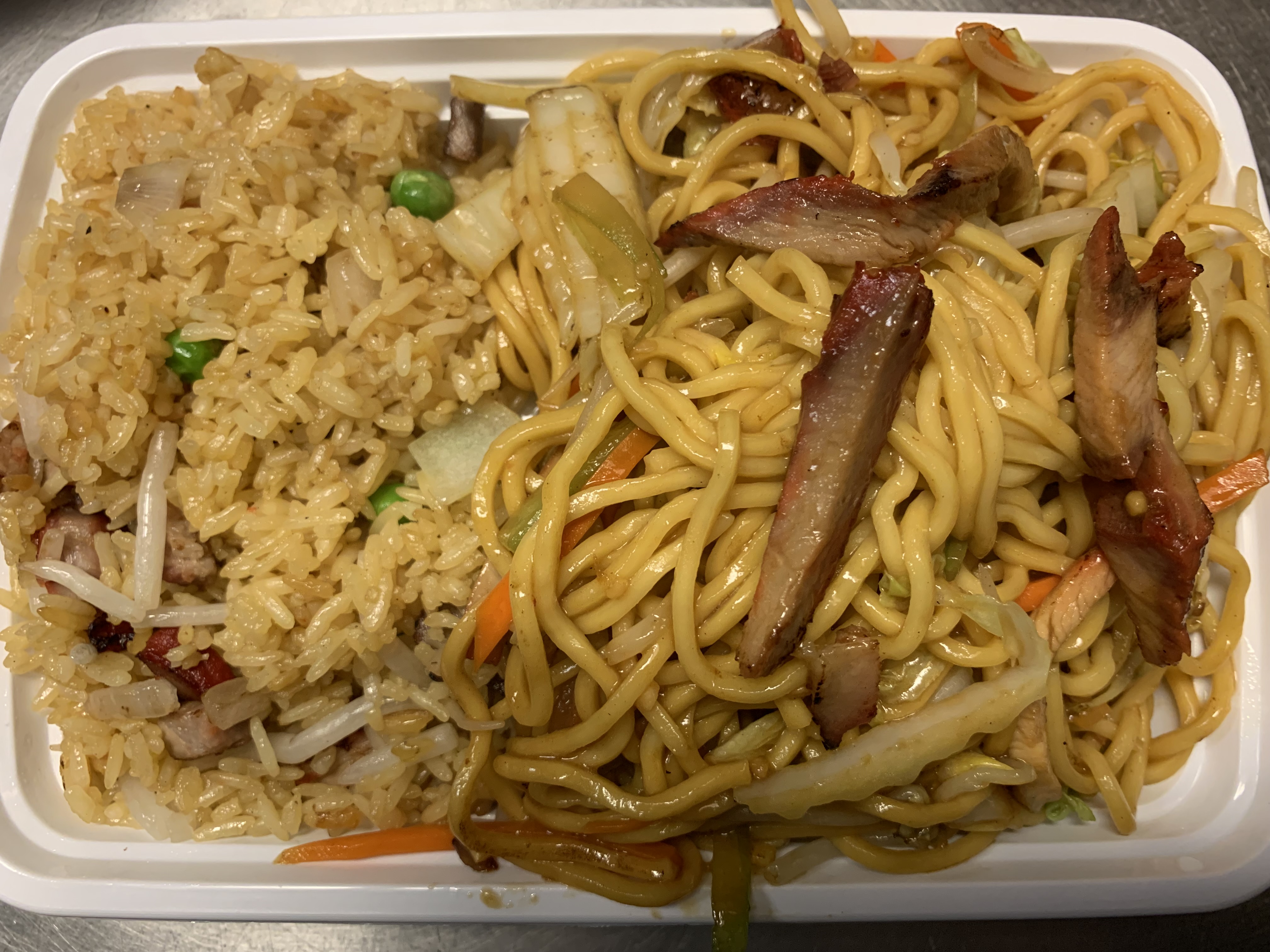 Order C13-叉烧捞面康宝 / Pork Lo Mein Combo Platter food online from China King store, Lansdale on bringmethat.com