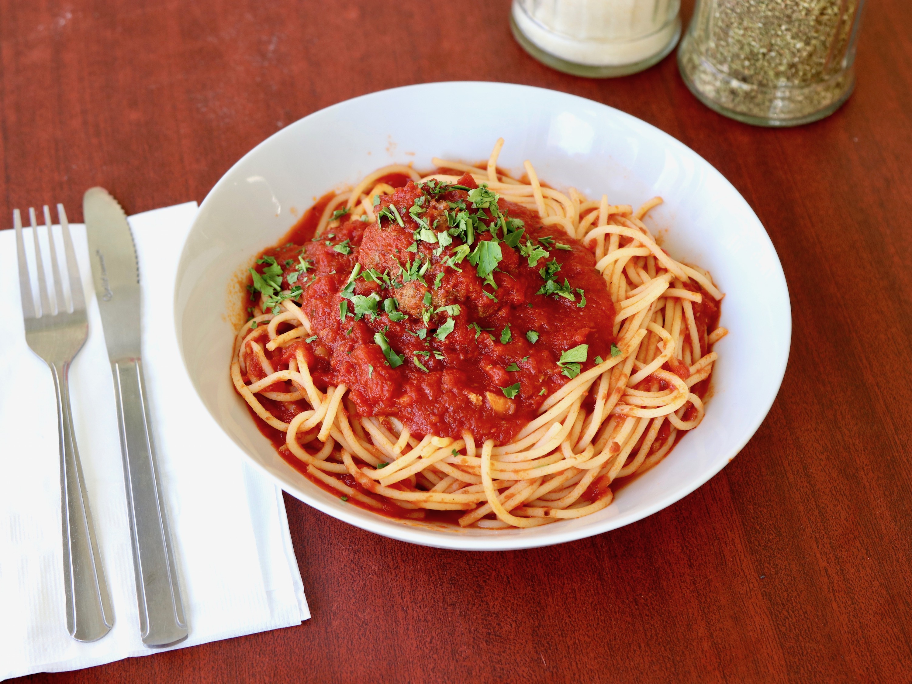 Order Pasta with Meatballs food online from Rocco's Cucina store, Pacific Palisades on bringmethat.com
