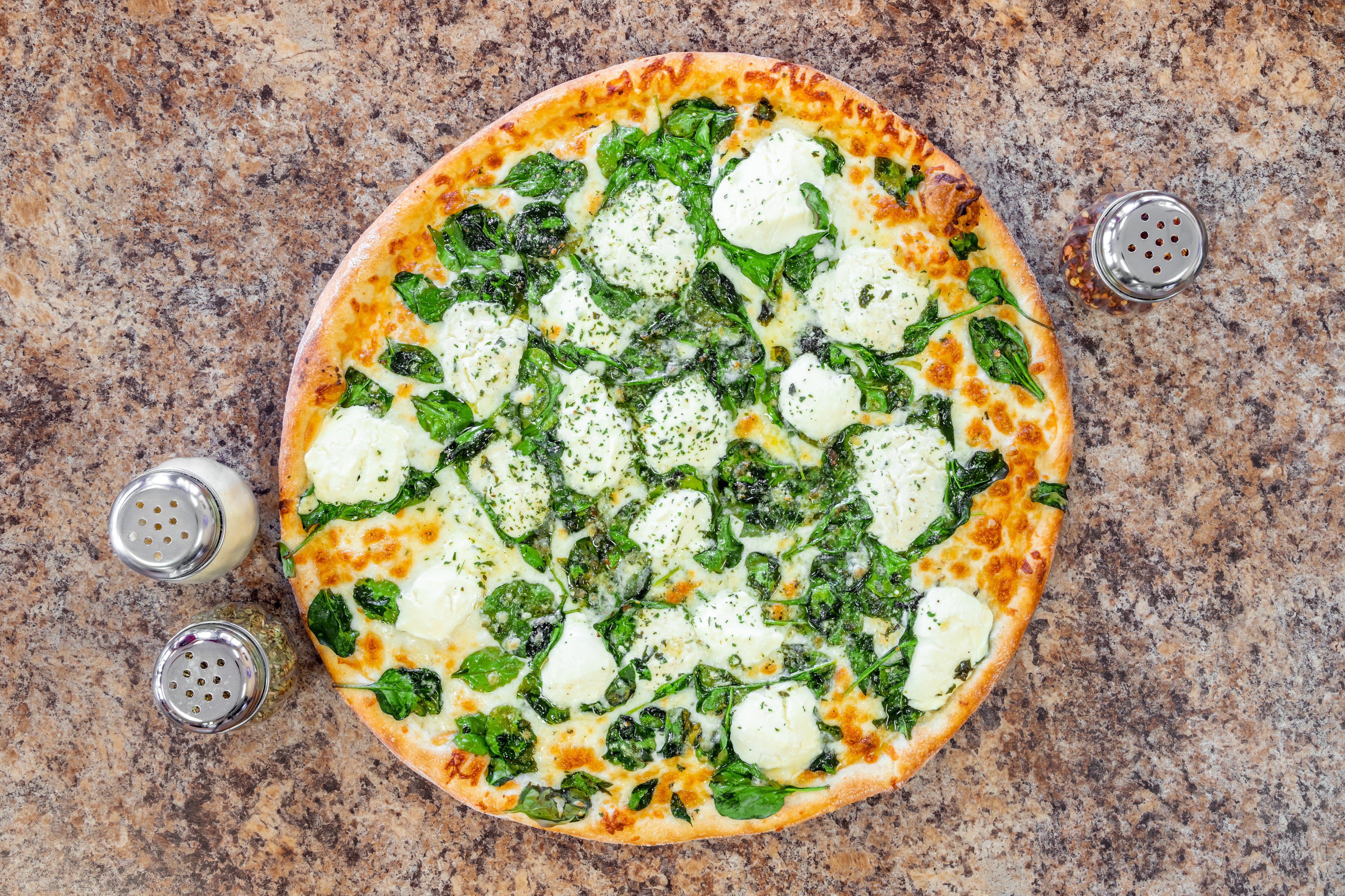 Order White New York's Spinach Pizza - Medium 14'' (6 Slices) food online from Argentos Pizza store, Buckeye on bringmethat.com