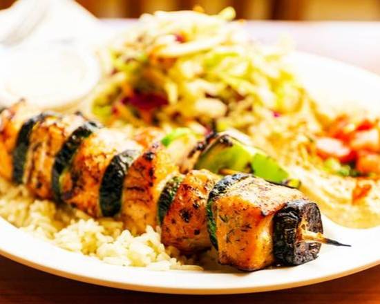 Order Salmon and Vegetable Kabob food online from Chicken Maison Healthy Mediterranean Cuisine store, Rancho Palos Verdes on bringmethat.com