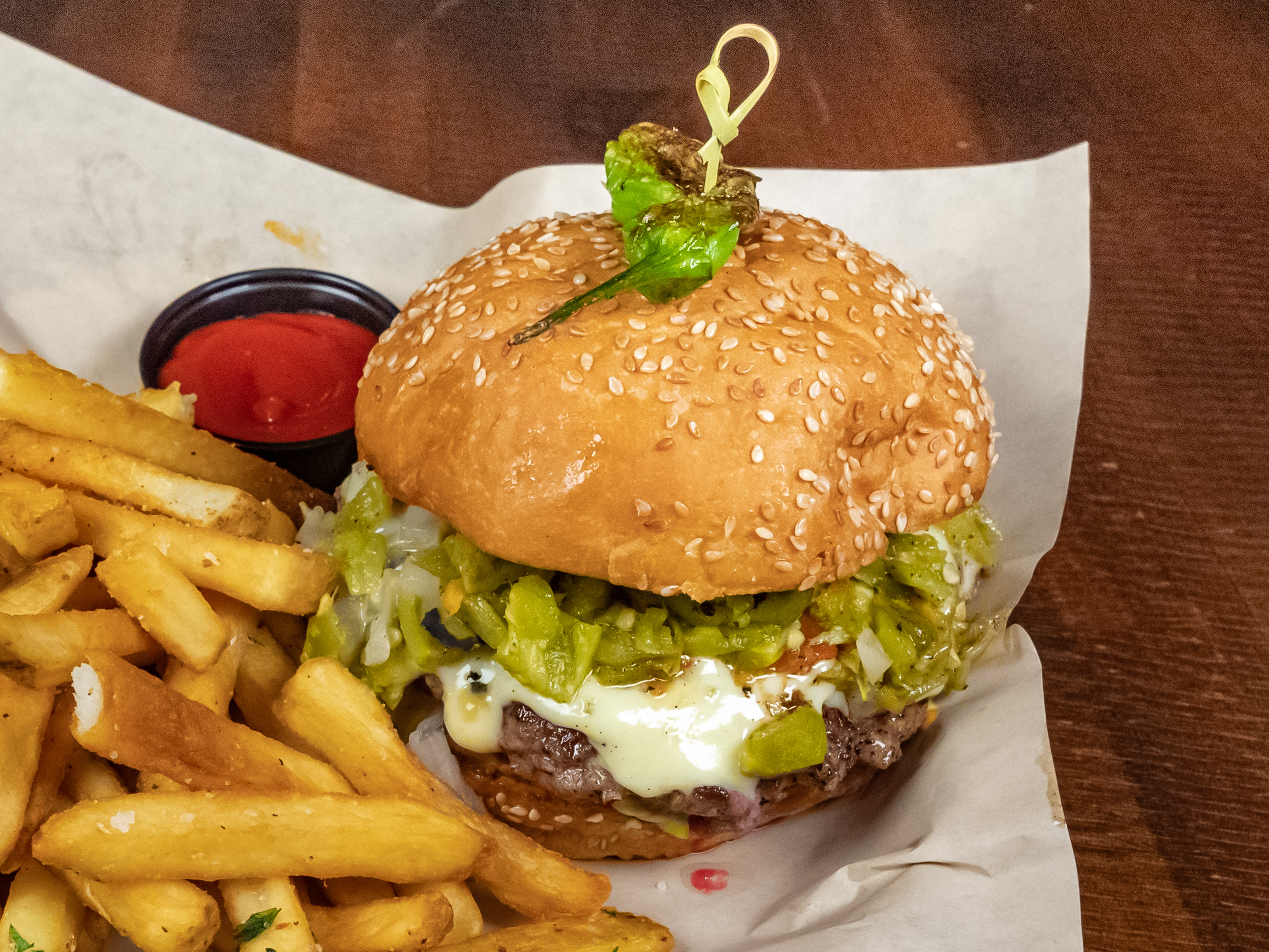 Order Green Chile Burger food online from Pedal Haus Brewery store, Chandler on bringmethat.com