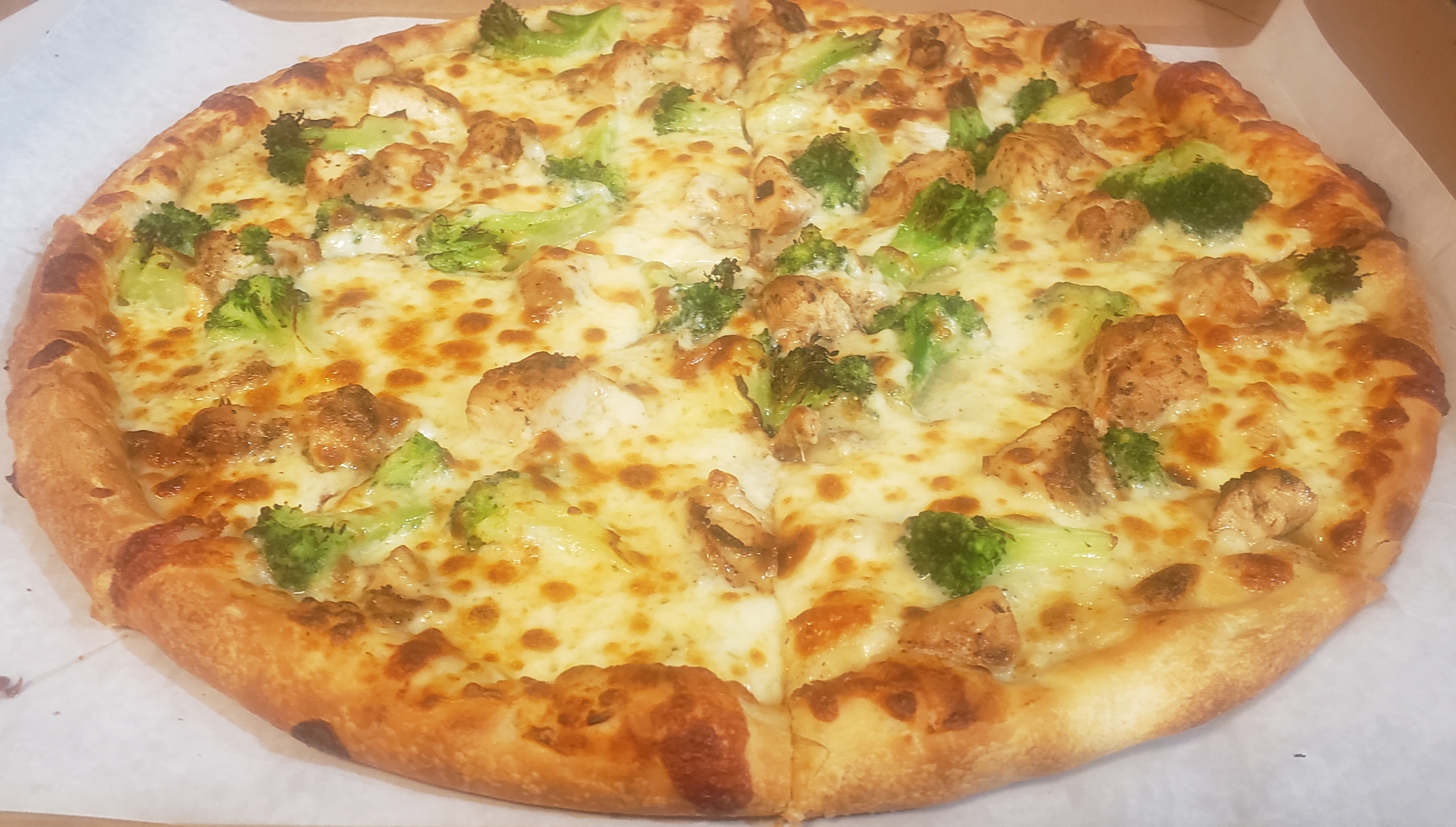 Order Chicken Broccoli Alfredo Pizza food online from Gregory House Of Pizza store, Belmont on bringmethat.com