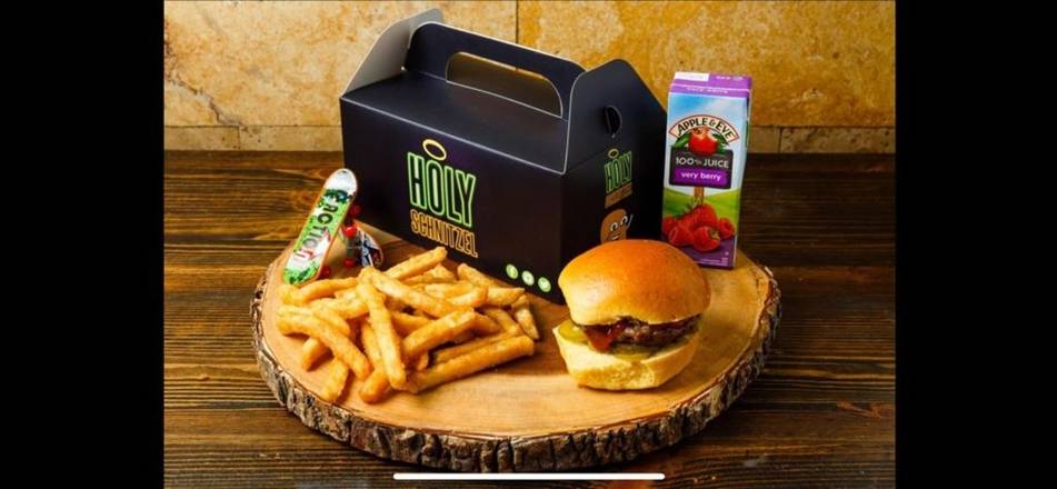 Order 1 Burger Slider, Fries, Juice Box & Toy food online from Holy Schnitzel store, New York on bringmethat.com