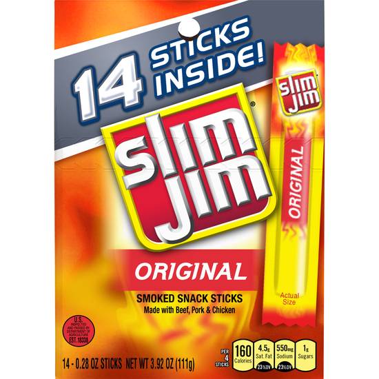Order Slim Jim Snack Sized Smoked Meat Stick Original (14 ct) food online from Rite Aid store, Eugene on bringmethat.com
