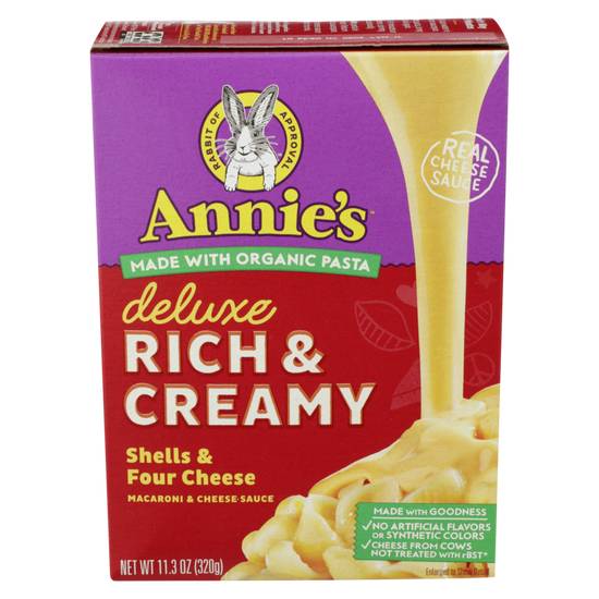 Order Annie's Homegrown Deluxe Rich & Creamy Shells & Four Cheese Pasta & Cheese Sauce 11.3oz food online from Everyday Needs by Gopuff store, San Leandro on bringmethat.com