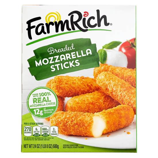 Order Farm Rich Frozen Breaded 100% Real Mozzarella Cheese Sticks 24oz food online from Everyday Needs By Gopuff store, Littleton on bringmethat.com