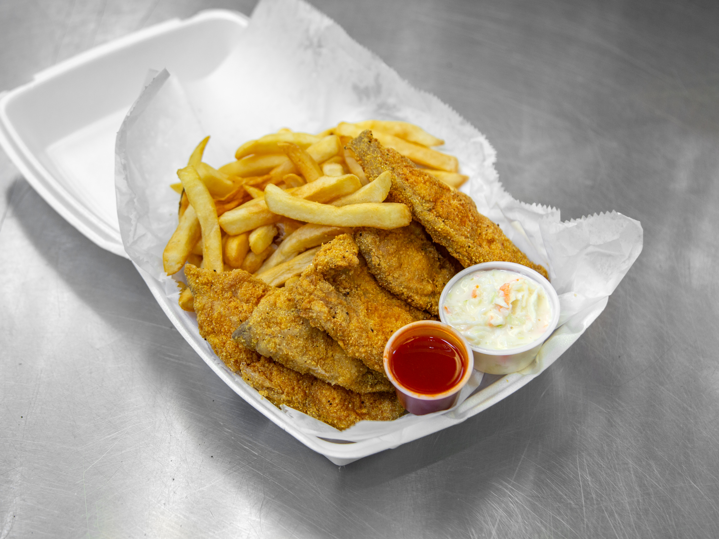 Order 3 Pieces Catfish Dinner food online from J & J Fish store, Riverdale on bringmethat.com