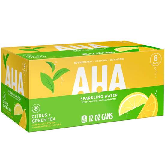 Order AHA Sparkling Citrus + Green Tea Flavored Water with Caffeine & Electrolytes, 12 OZ Cans, 8 PK food online from Cvs store, FAIR OAKS on bringmethat.com