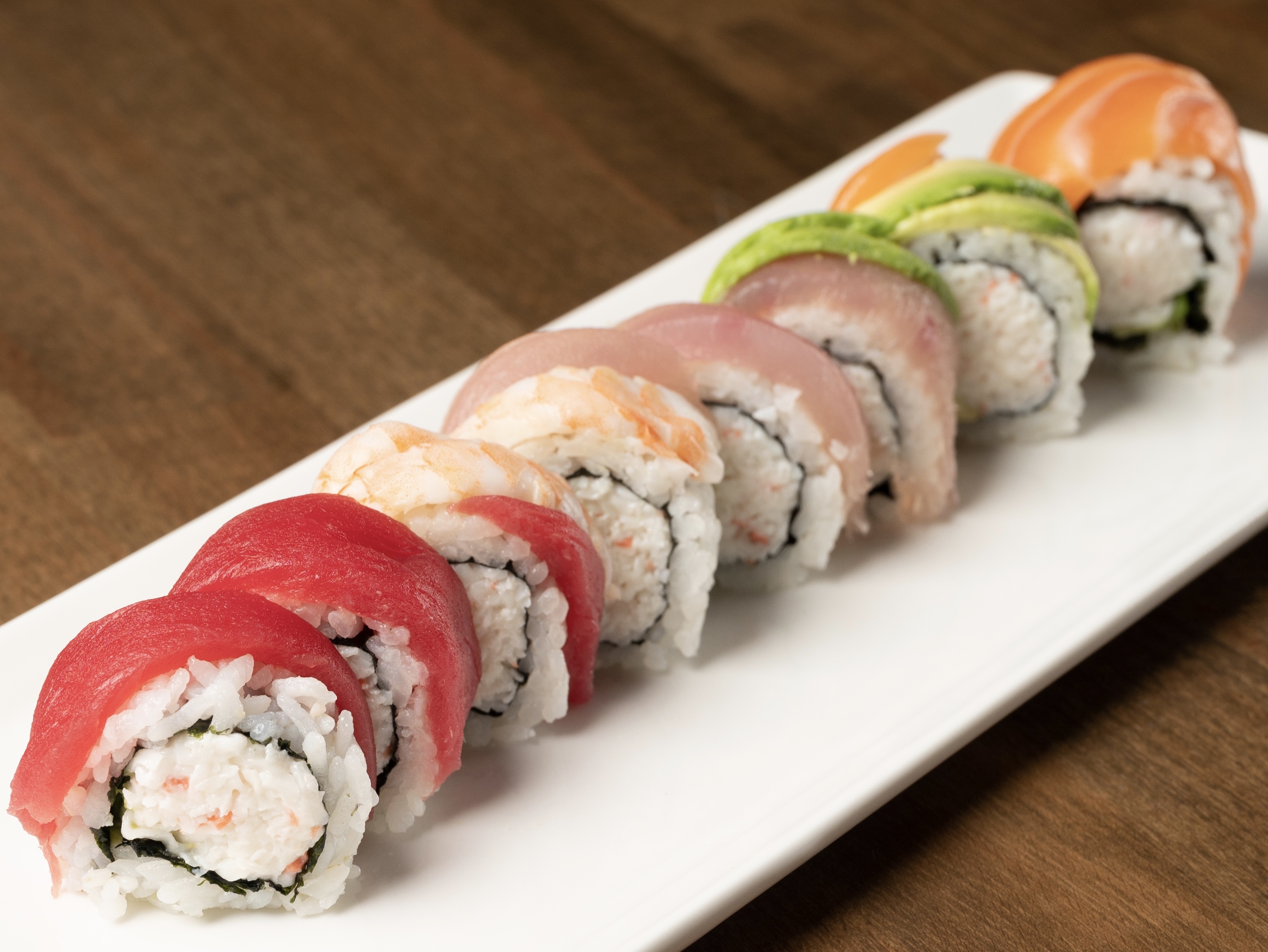 Order Rainbow Roll food online from Zeppin Sushi store, Los Angeles on bringmethat.com