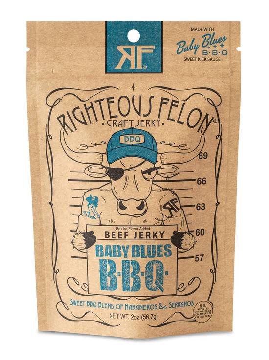 Order Righteous Felon Craft Jerky Beef Jerky Baby Blues Bbq food online from Deerings Market store, Traverse City on bringmethat.com