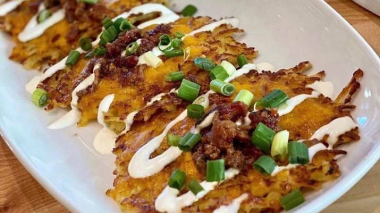 Order Loaded Baked Potato Cakes food online from Yolk Marina City store, Chicago on bringmethat.com
