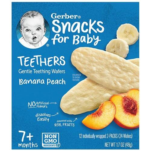 Order Gerber Snacks for Baby Gentle Teething Wafers Banana Peach - 0.14 oz x 12 pack food online from Walgreens store, Baton Rouge on bringmethat.com