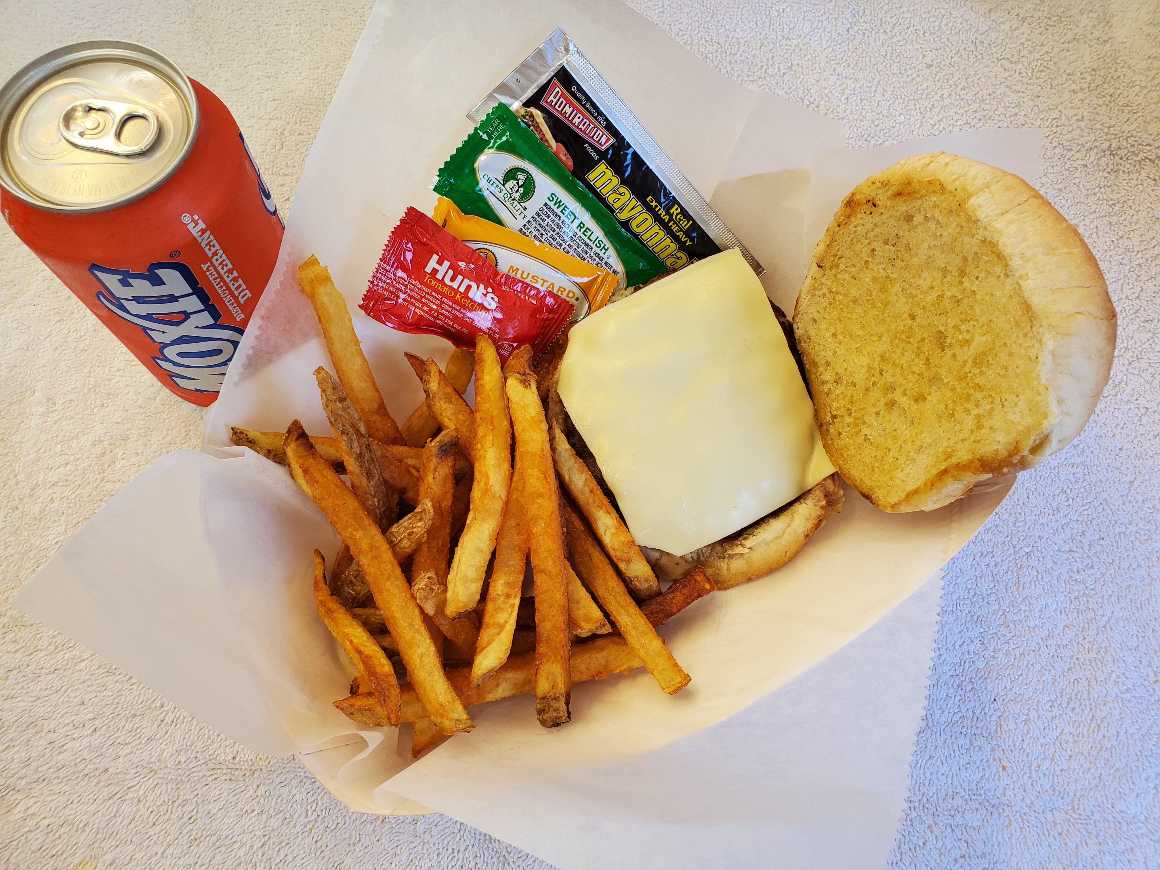 Order #4 Sirloin Cheeseburger, Fries and Soda Combo food online from Shanes Hot Dogs store, Gardner on bringmethat.com