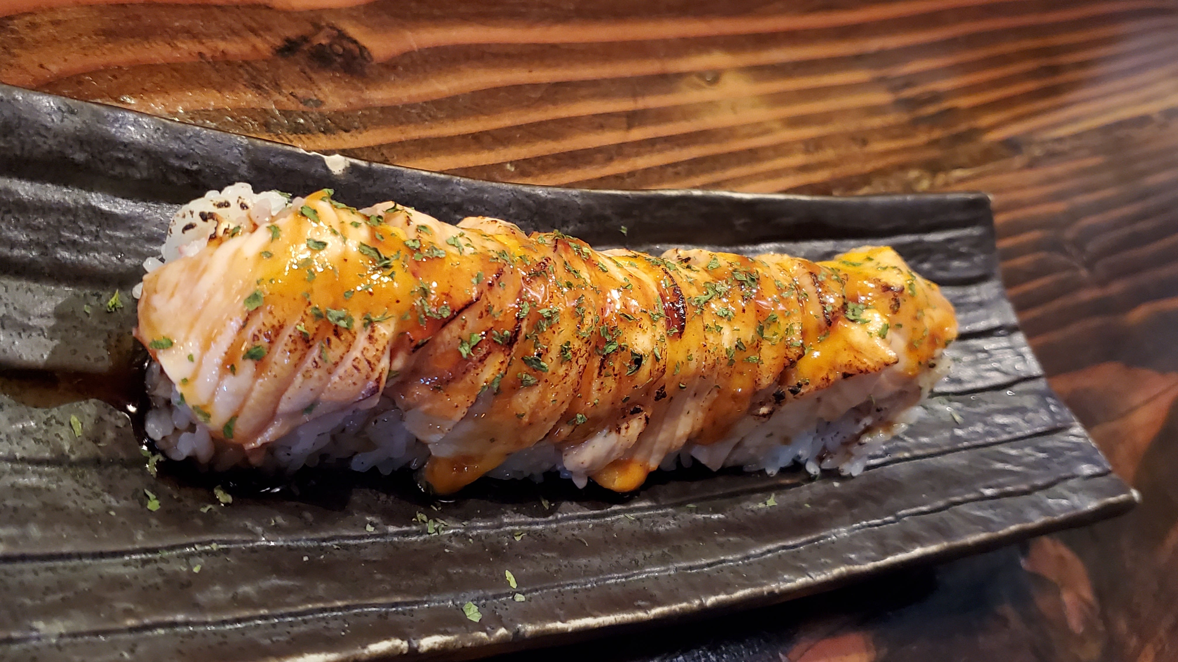 Order Baked Salmon Cut Roll food online from Kaori Sushi store, Fullerton on bringmethat.com