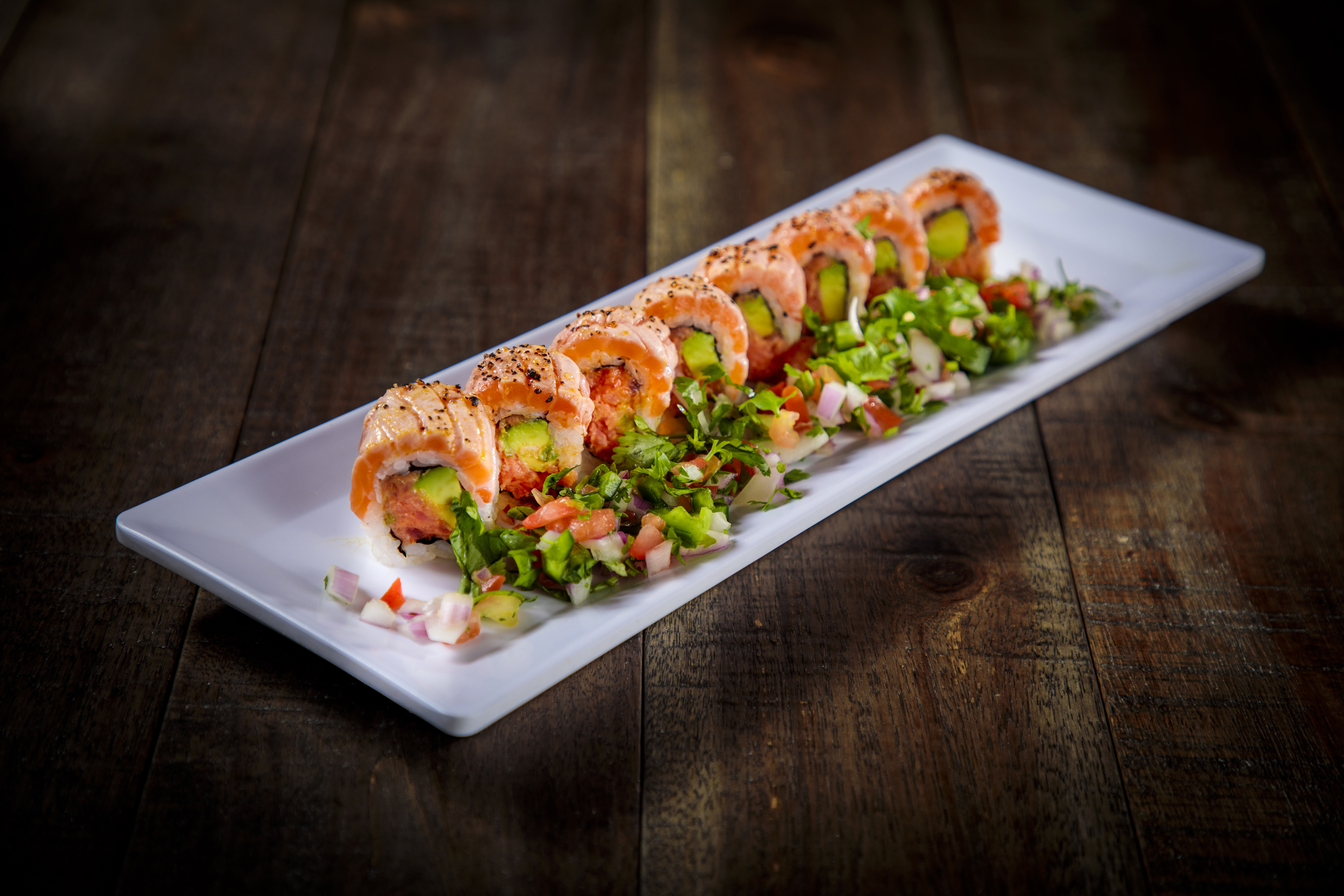 Order Seared Salmon Ceviche Roll food online from Sushi Okoku store, Riverside on bringmethat.com