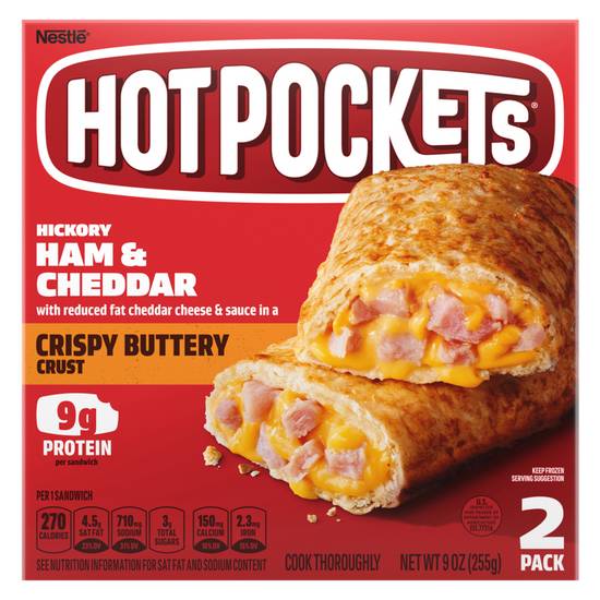 Order Hot Pockets Frozen Crispy Buttery Crust Hickory Ham & Cheddar 2ct 9oz food online from Everyday Needs by Gopuff store, Lansdowne on bringmethat.com