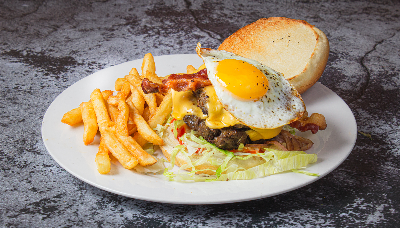 Order The Hangover Burger & fries food online from Angelo's Stuffed Pizza store, Chicago on bringmethat.com