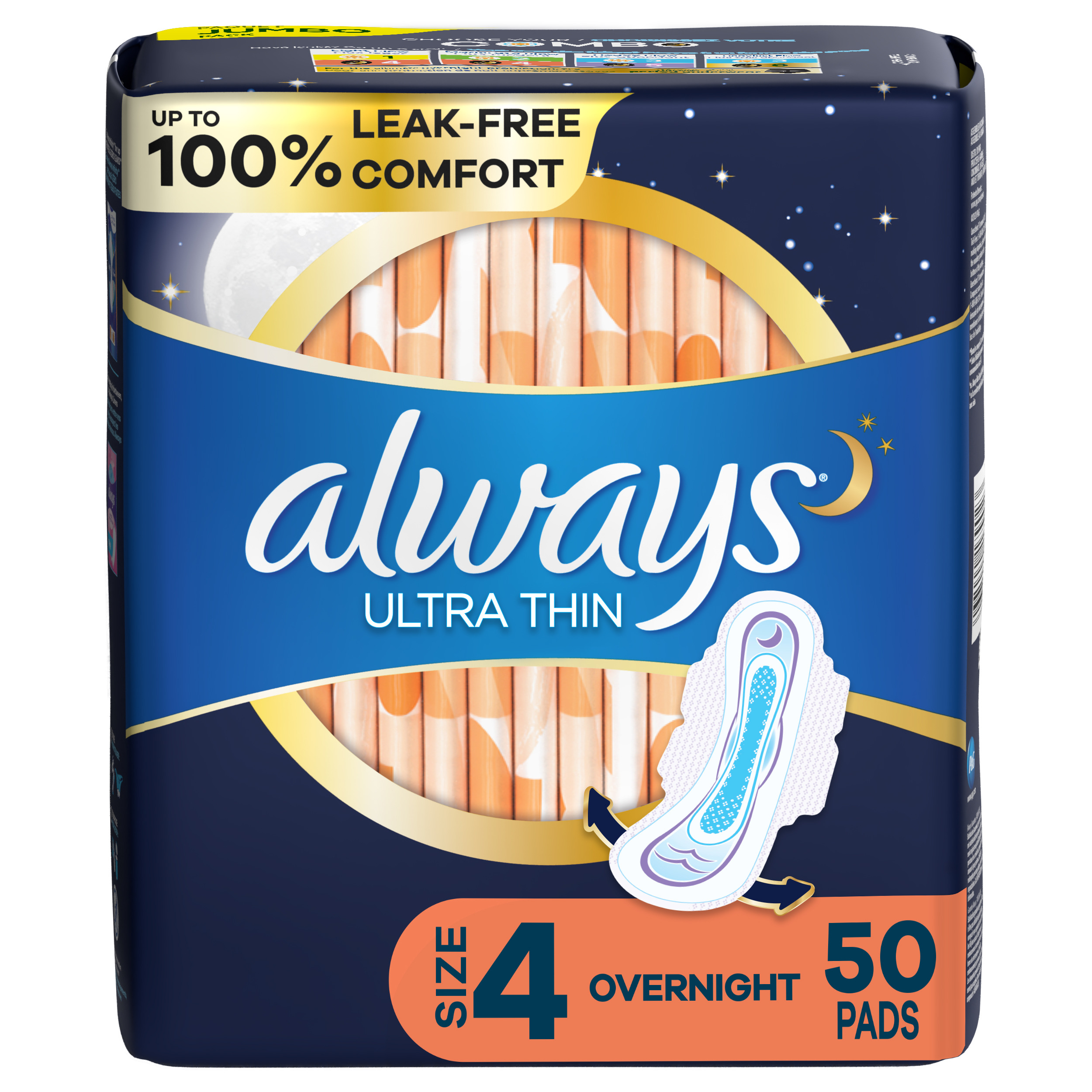 Order Always Ultra Thin Pads with Wings - Size 4, Overnight Absorbency, Unscented, 50 ct food online from Rite Aid store, MILLER PLACE on bringmethat.com