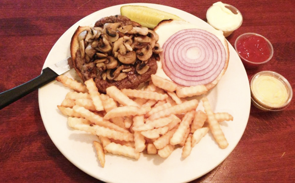 Order Swiss & Mushroom Burger with French Fries food online from Luigis Famous Pizza store, Little Silver on bringmethat.com