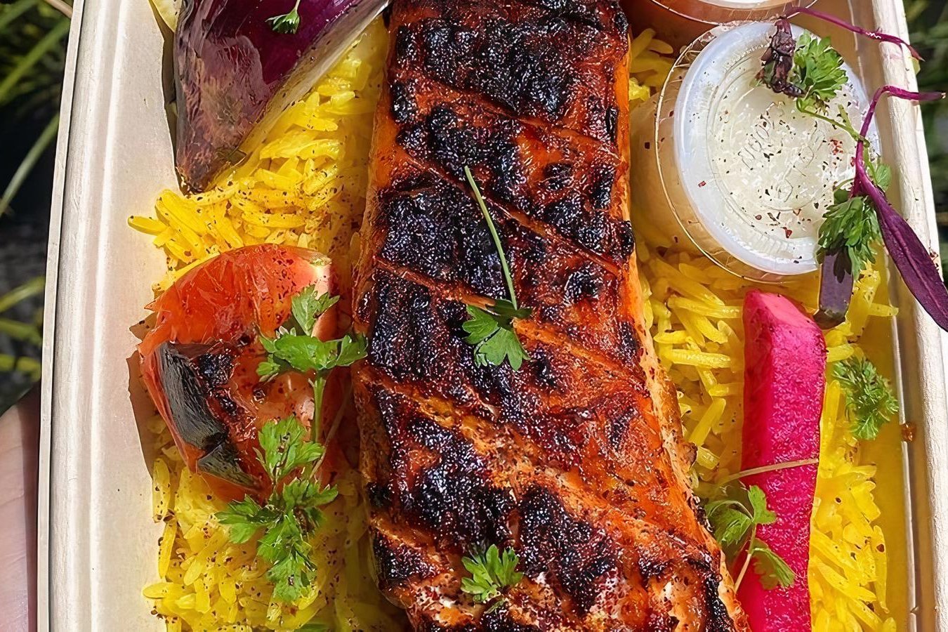 Order Grilled Salmon Plate food online from Mazra store, San Bruno on bringmethat.com