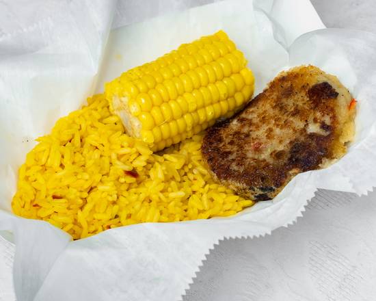 Order  1 CRAB CAKE WITH YELLOW RICE & CORN ON COB  food online from Everything On A Stick store, Riverdale on bringmethat.com