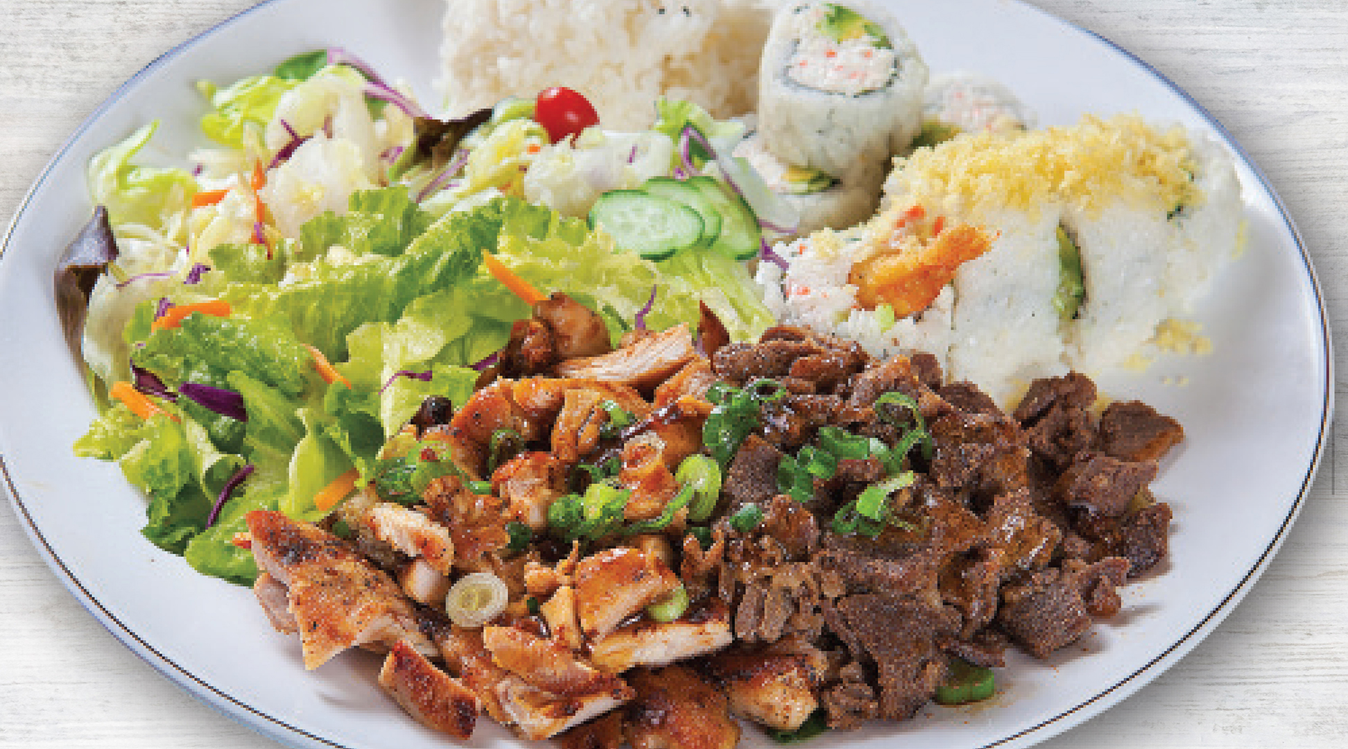 Order D. Chicken and Beef Teriyaki Combo Plate food online from Orange Grill store, Cypress on bringmethat.com