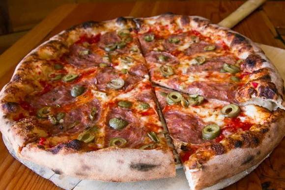 Order Salami & Green Olive Pizza (18") food online from Apizza Scholls store, Portland on bringmethat.com