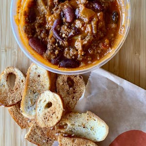 Order Beef Chili with House-Made Bagel Chips food online from Stb store, Vancouver on bringmethat.com