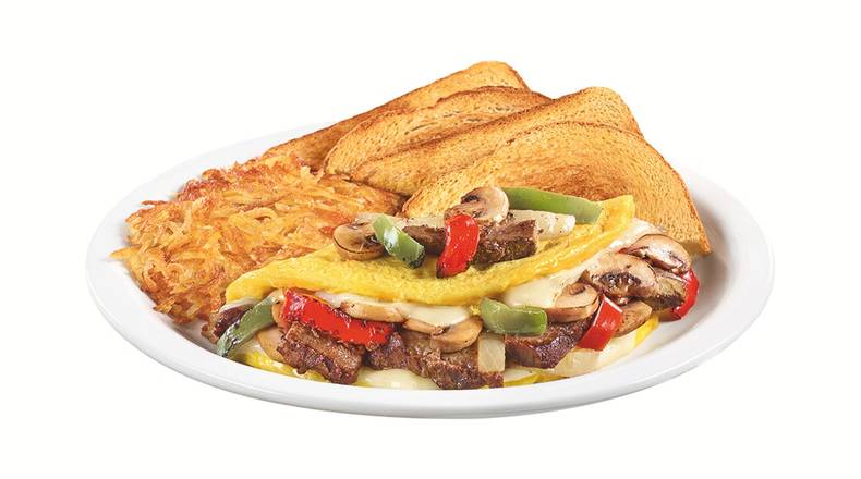 Order Philly Cheesesteak Omelette food online from Dennys Restaurant store, Elk Grove on bringmethat.com
