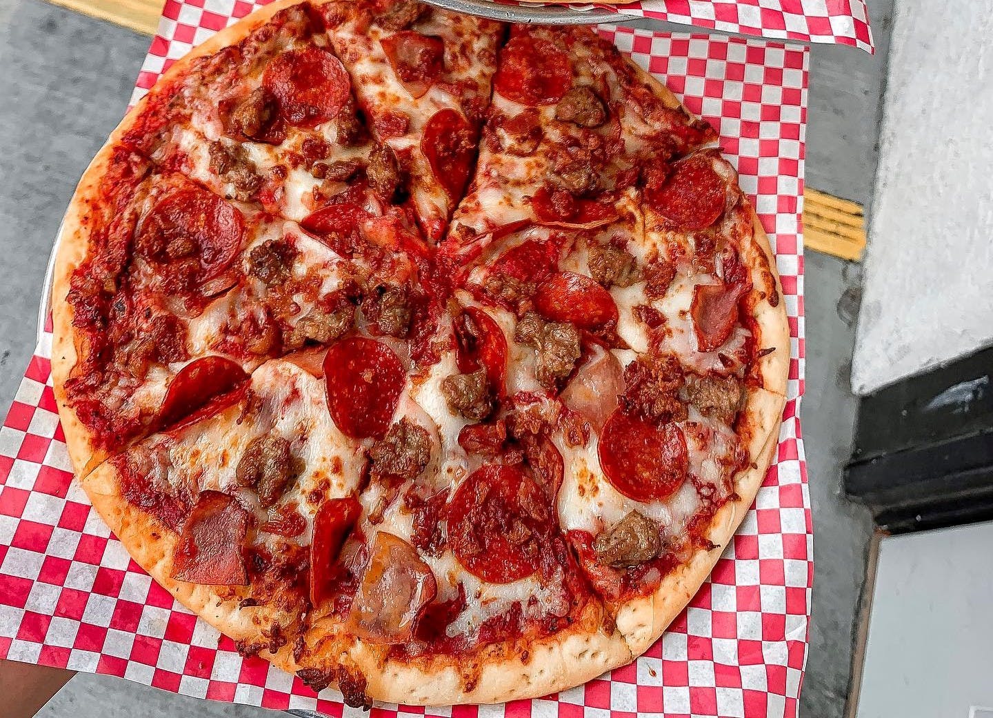 Order All Meat Pizza - Medium 12" (Serves 2-3 People) food online from Water Street Pizzeria store, Henderson on bringmethat.com