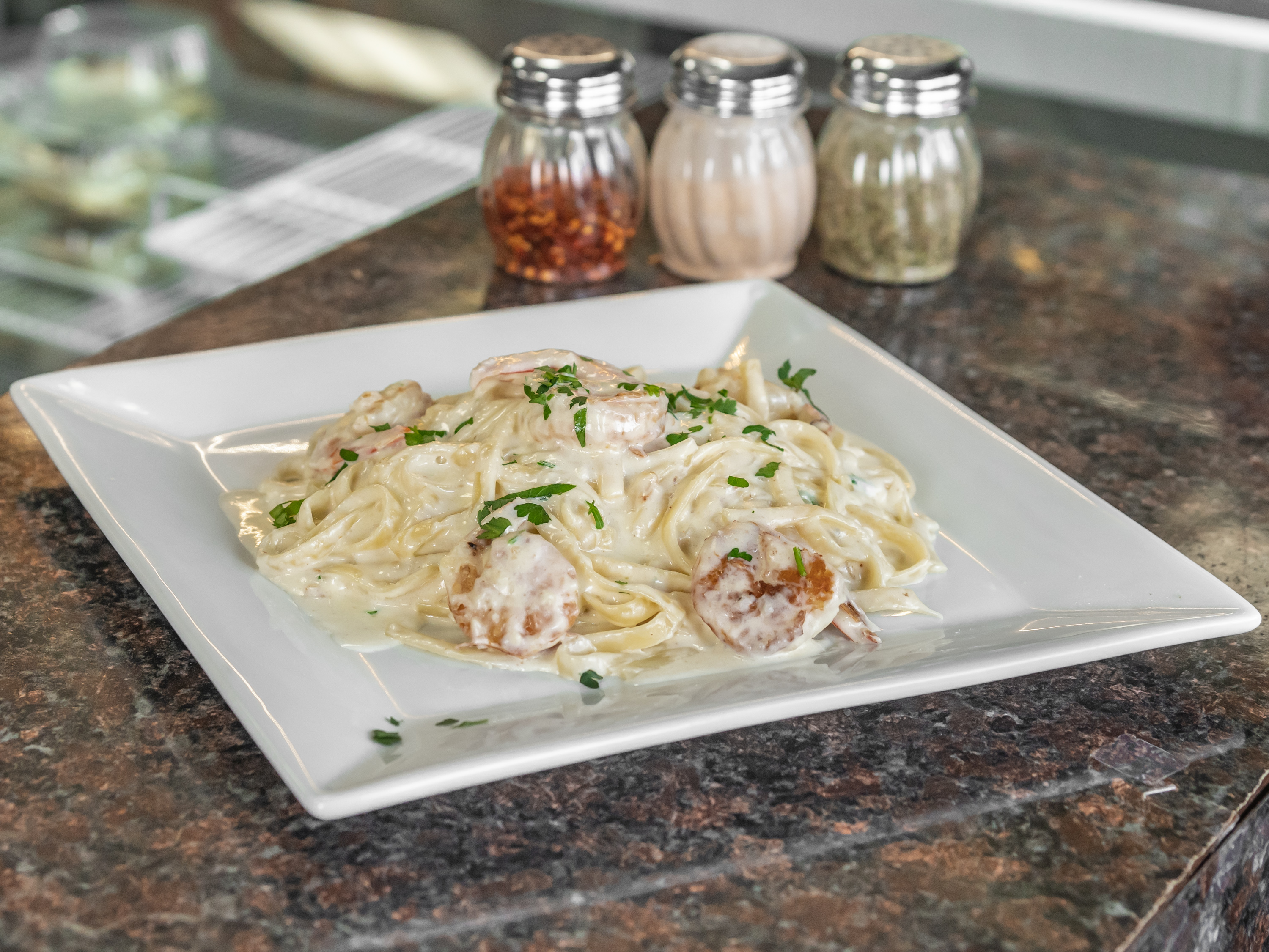 Order Fettuccine Alfredo with Shrimp food online from Rocco pizza store, Brooklyn on bringmethat.com