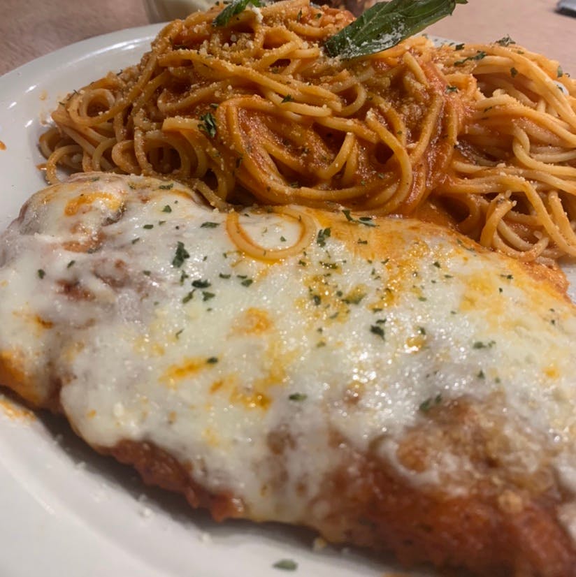 Order 1. Chicken Parmesan - Entree food online from Village Cafe & Pizza store, Los Angeles on bringmethat.com