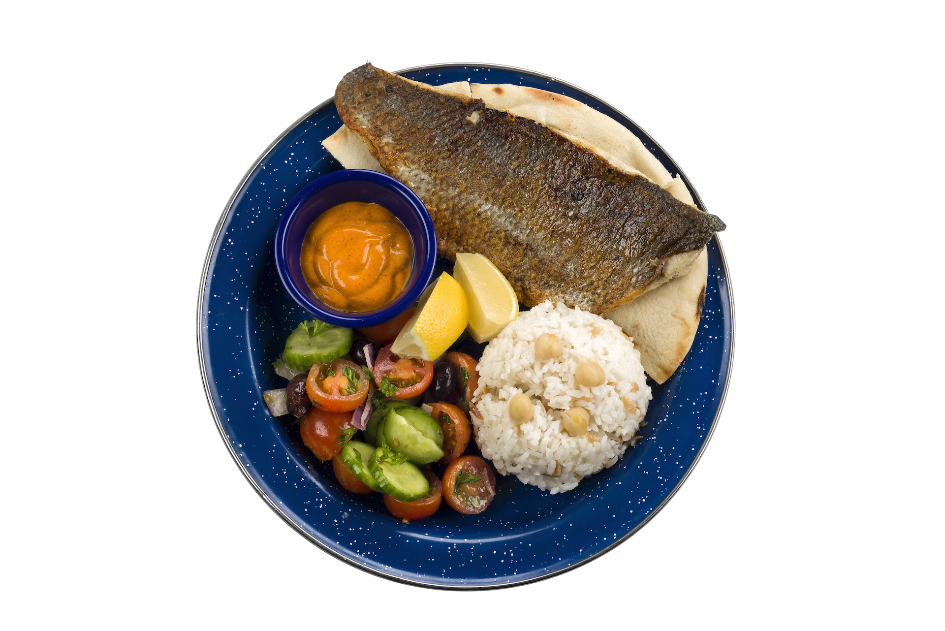 Order Fish Rice Plate food online from Kali Greek Kitchen store, Palo Alto on bringmethat.com