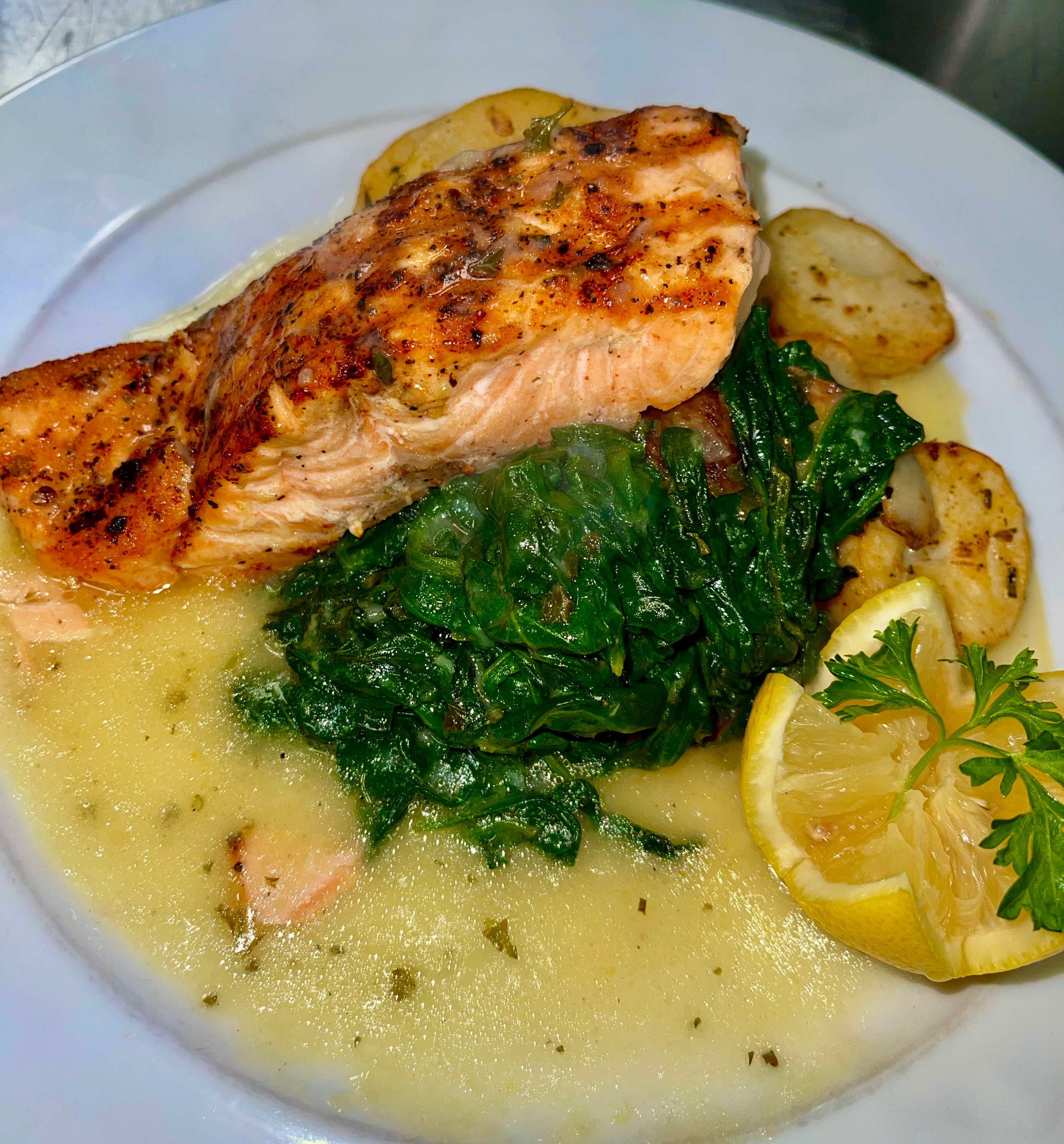 Order Grilled Salmon - Entree food online from Amici Pizza store, Peekskill on bringmethat.com