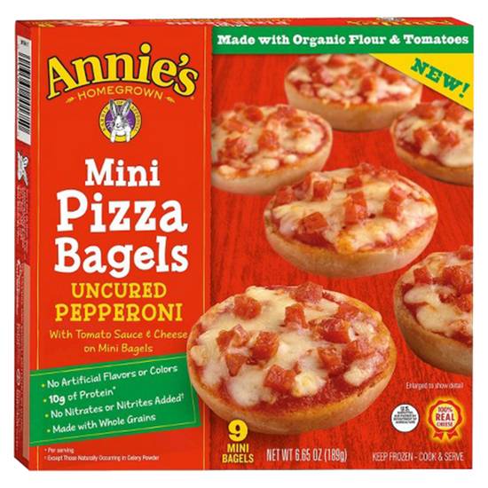 Order Annie's Homegrown Frozen Pepperoni Mini Pizza Bagels 9ct 6.65oz food online from Everyday Needs by Gopuff store, Sacramento on bringmethat.com