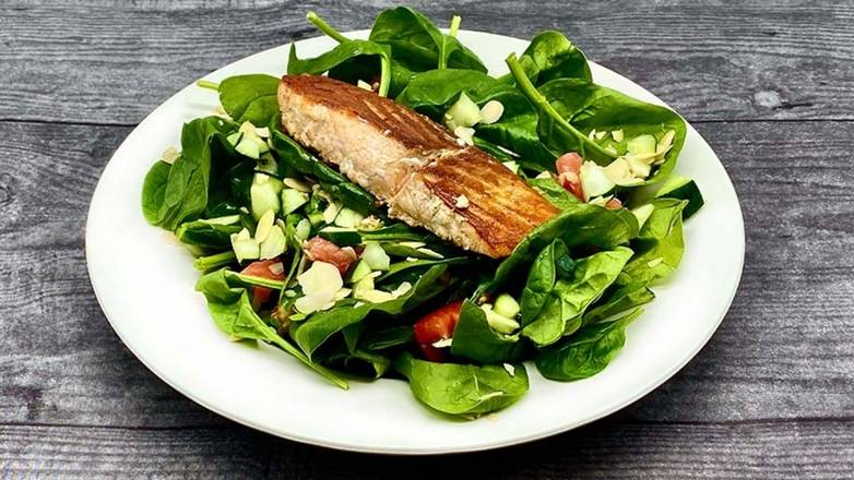 Order Spinach Salad with Grilled Salmon food online from Roasters n Toasters store, Miami on bringmethat.com